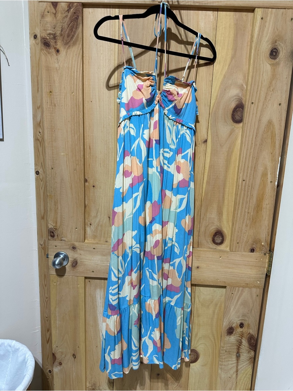 Blue Floral Maxi Sundress with Pink & Cream Accents